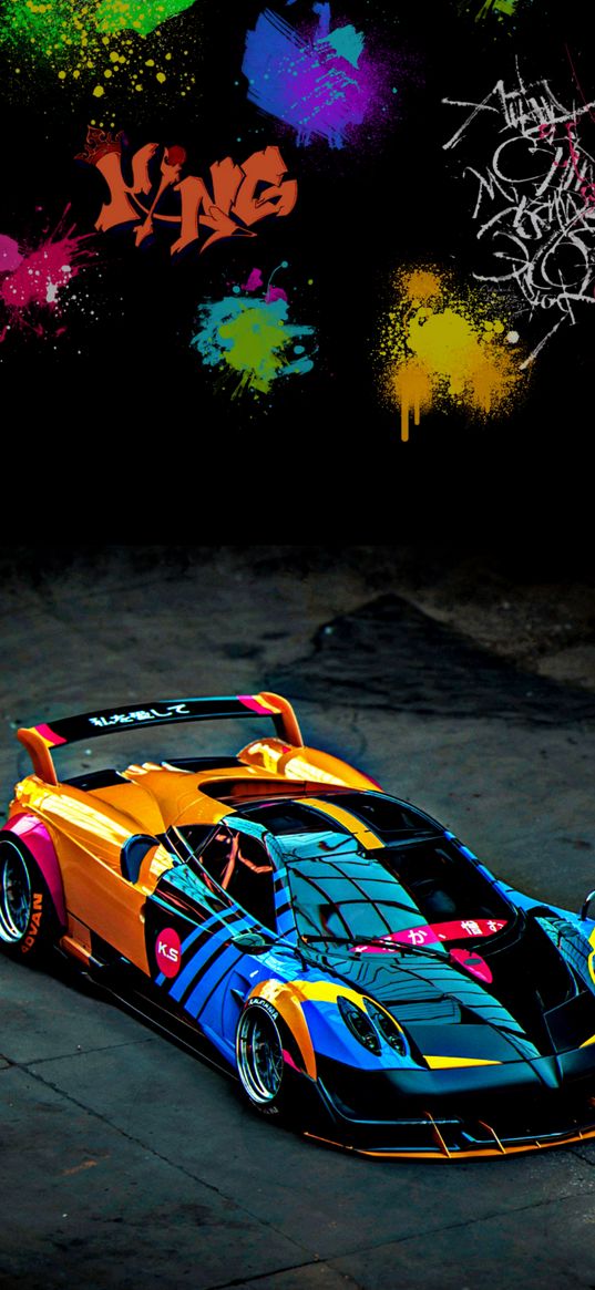 car, sports car, colorful, graffiti, digital art