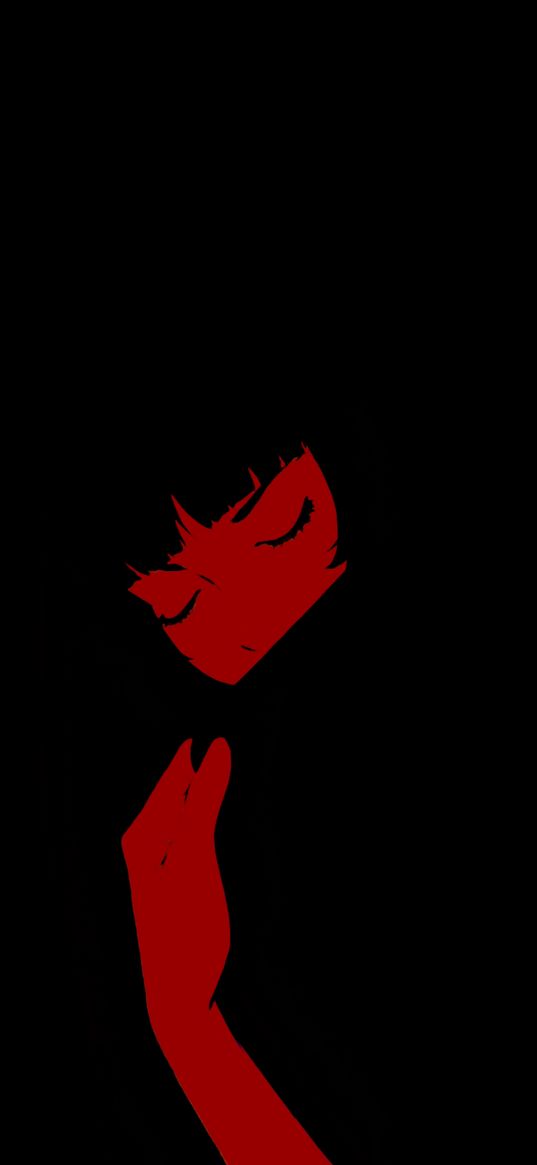 girl, anime, sadness, red, black background, minimalism