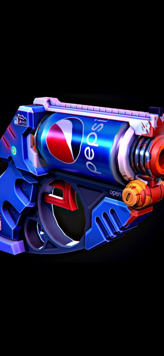 gun, drink, pepsi, bank, blue, black background, digital art