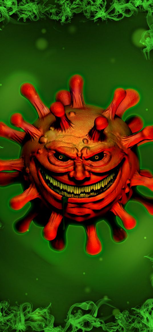 virus, bacterium, red, smile, green background, digital art