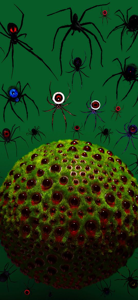 spider, ball, eyes, grass, creative, 3d, green background, digital art