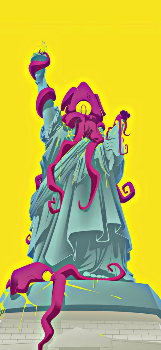 squid, statue of liberty, cosplay, yellow background, digital art