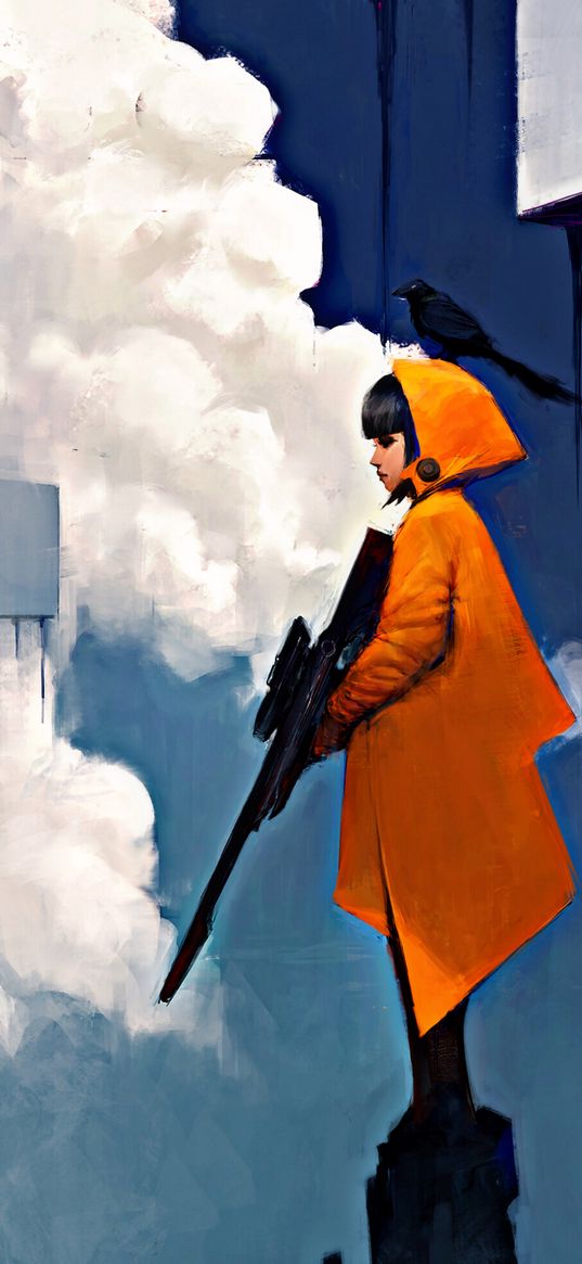 girl, crow, weapons, rifle, clouds, figure, art