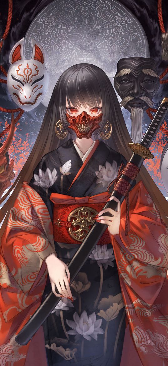 anime girls, mask, sword, katana, fantasy, art, kimono