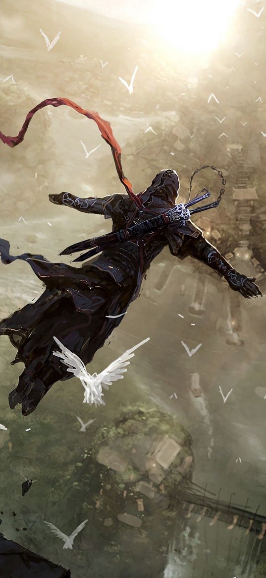 assassin's creed, game, jump, character, birds, art