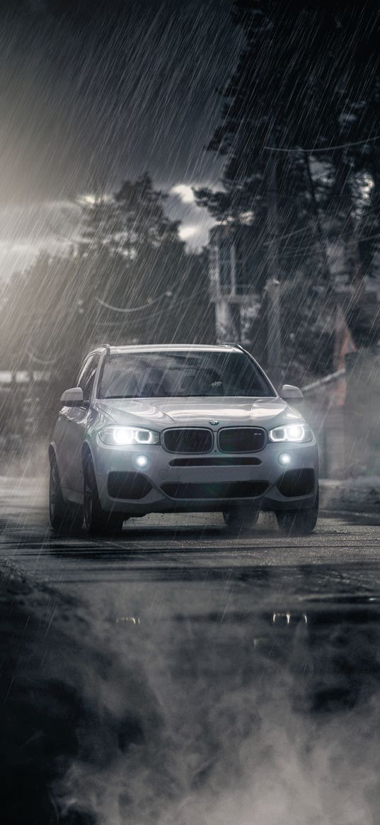 bmw x5, car, headlights, rain, thunderstorm