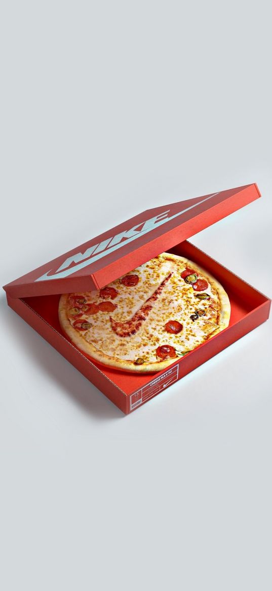 pizza, box, red, inscription, nike, white background