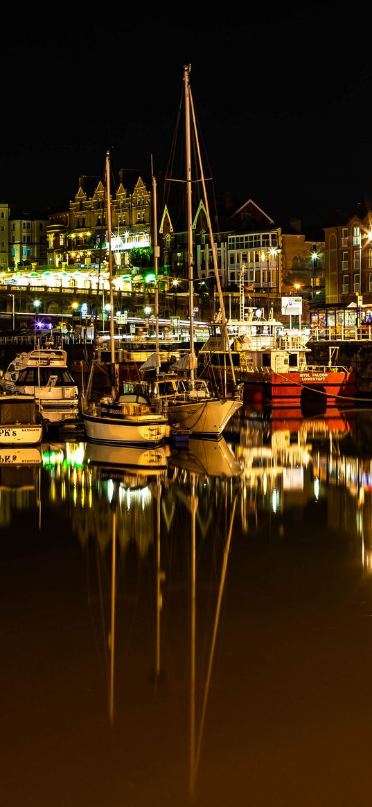 harbor, yachts, sea, buildings, lights, reflection