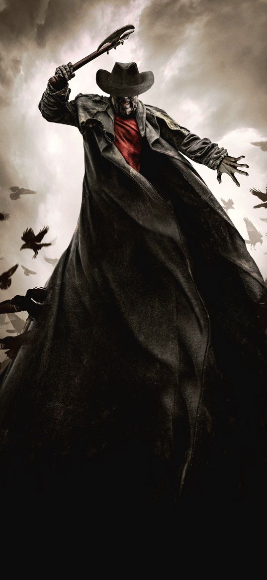 jeepers creepers, movie, man, raincoat, hat, crows