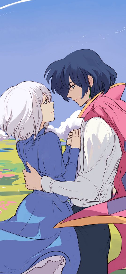 walking castle, hayao miyazaki, anime, cartoon, girl, guy, love, tenderness