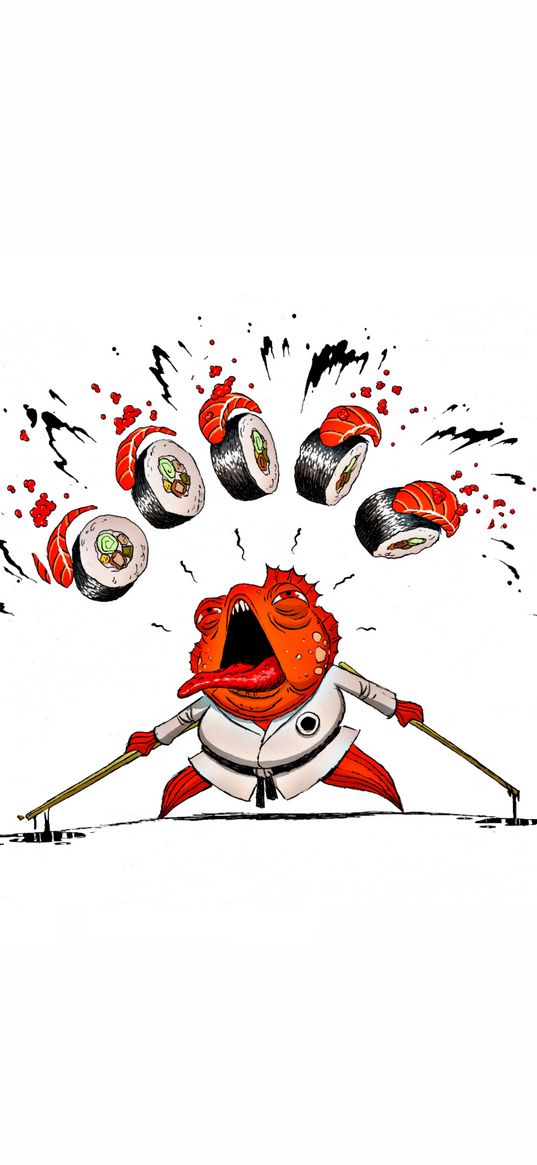 fish, sticks, kimono, sushi, rolls, white background, digital art