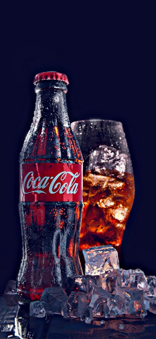 coca cola, soda, lemonade, drink, ice, glass, blue background