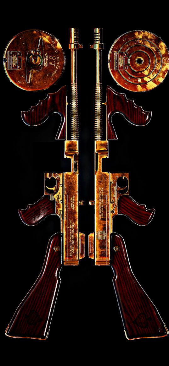 thompson submachine gun, submachine gun, weapon, gold, black background