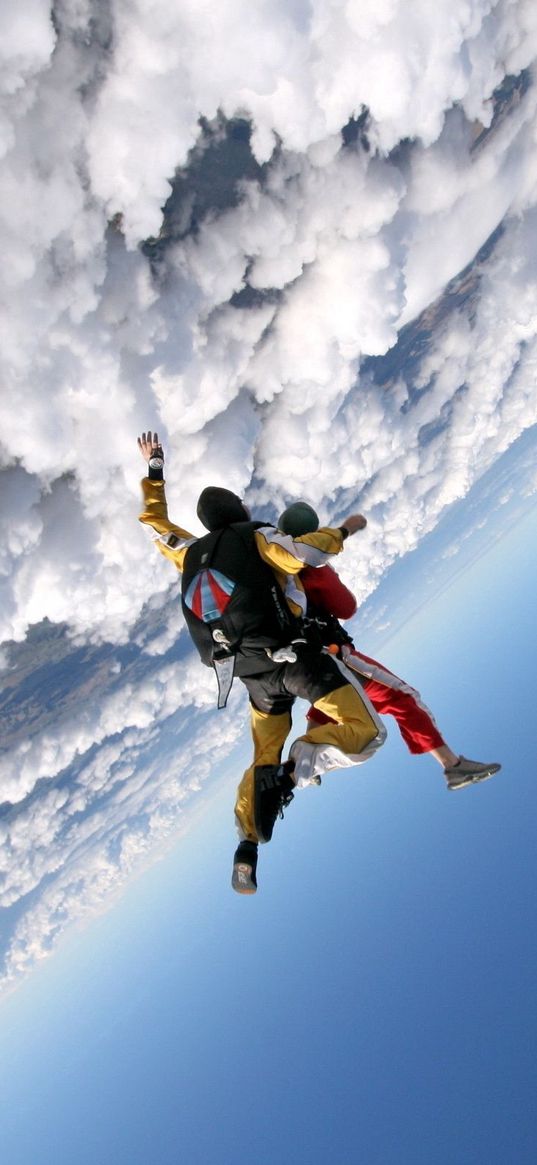 jump, clouds, sky, plane, parachutists