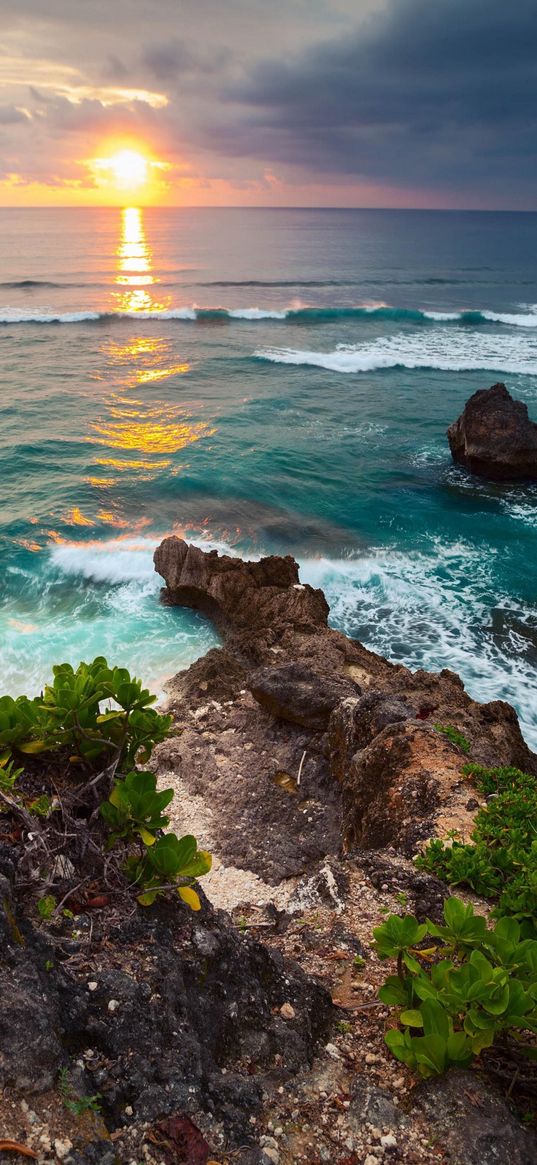 sea, shore, rocks, waves, sunset, clouds, horizon