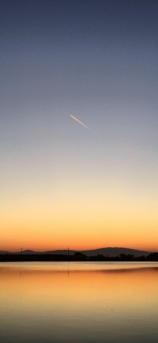 lake, mountains, sky, sunset, airplane