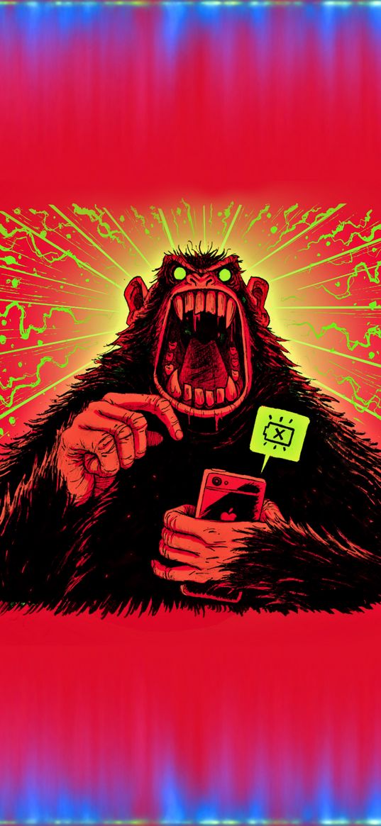 monkey, phone, scream, red background, digital art