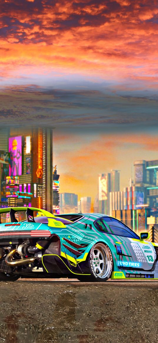 car, sports car, turquoise, city, road, sky, sunset, digital art