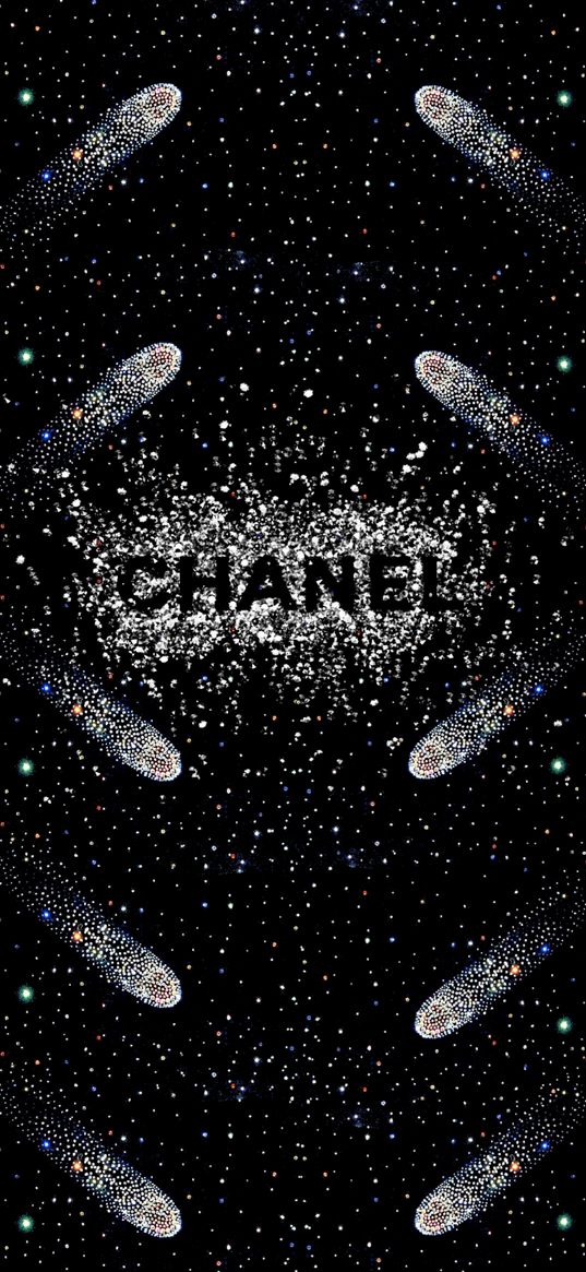 glitter, rhinestones, inscription, chanel, black background