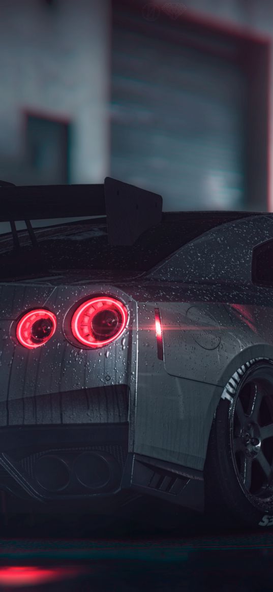 nissan gt-r, car, rear view, dark