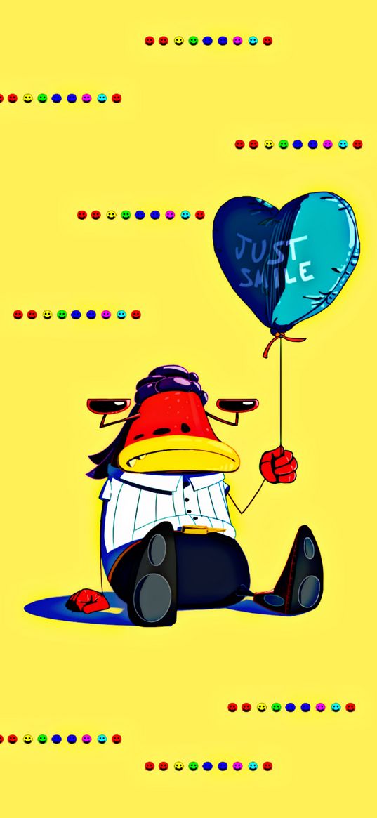 monster, sitting, balloon, inscription, emoticons, yellow background, art