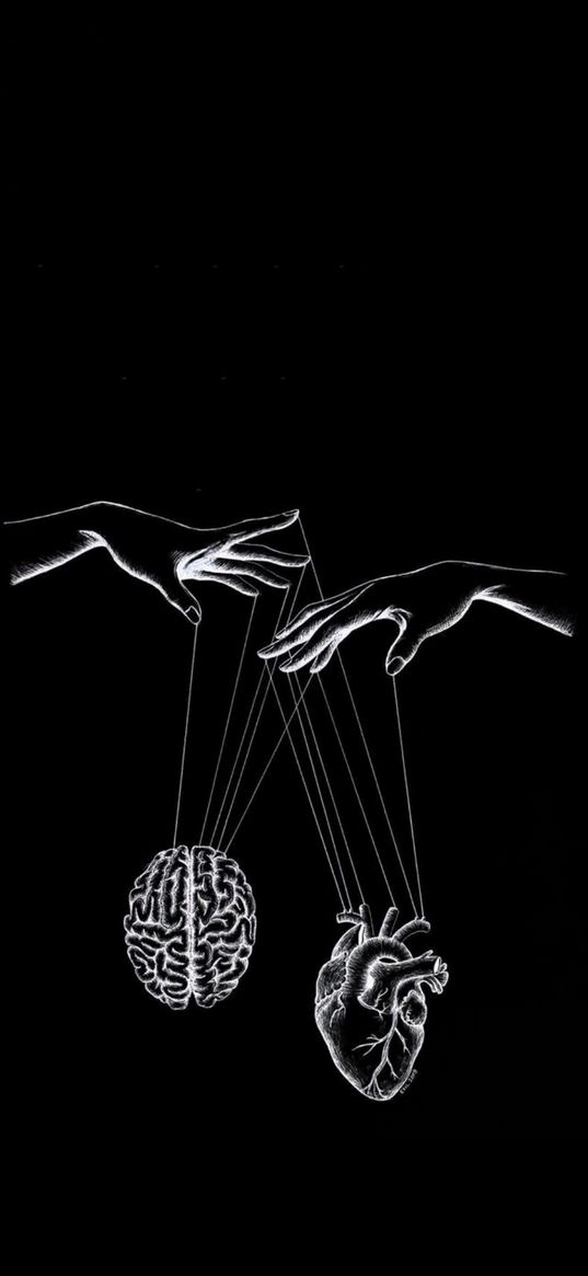 heart, brain, hands, black background