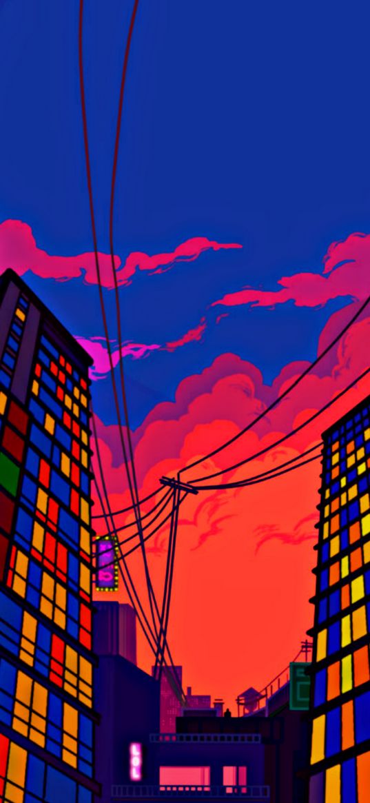 houses, wires, sky, bright, colorful, rich, art