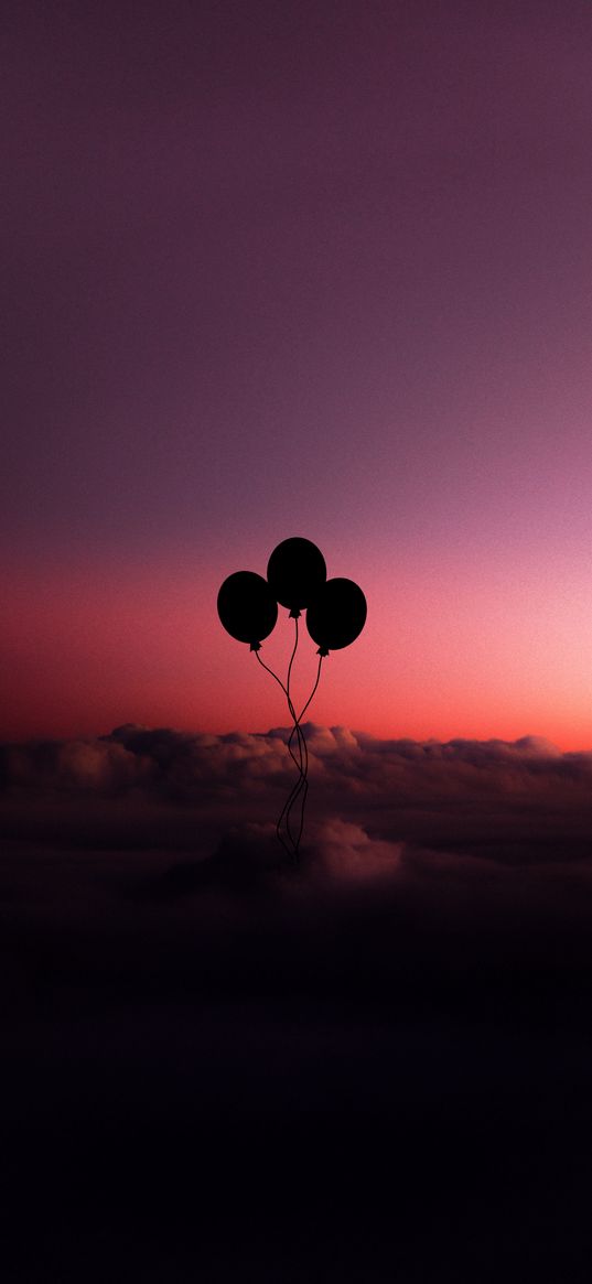 balloons, sunset, clouds