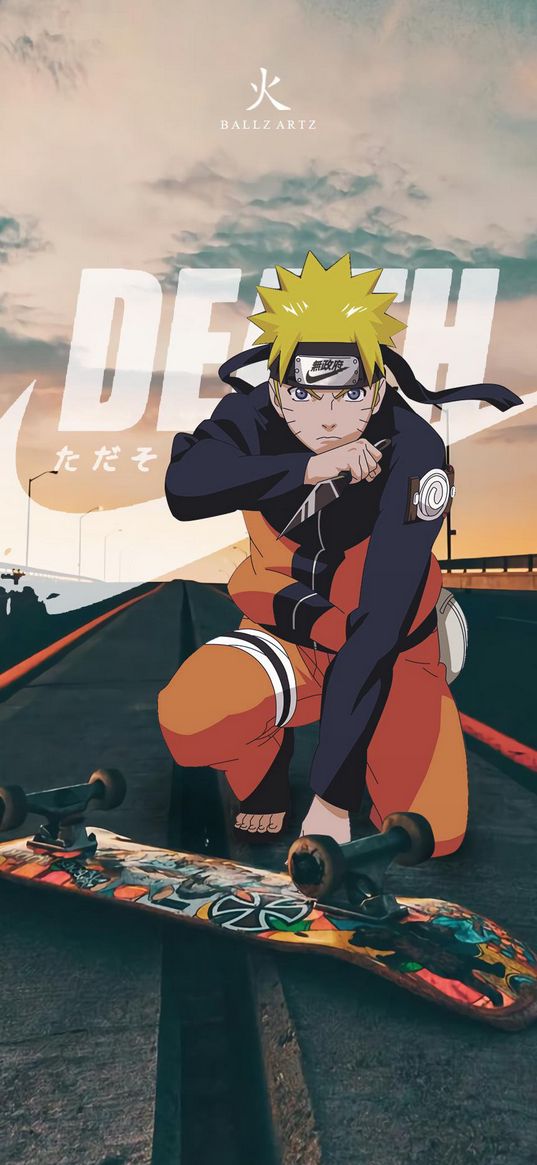 naruto, anime, nike, kunai, skateboard, road, sky, art