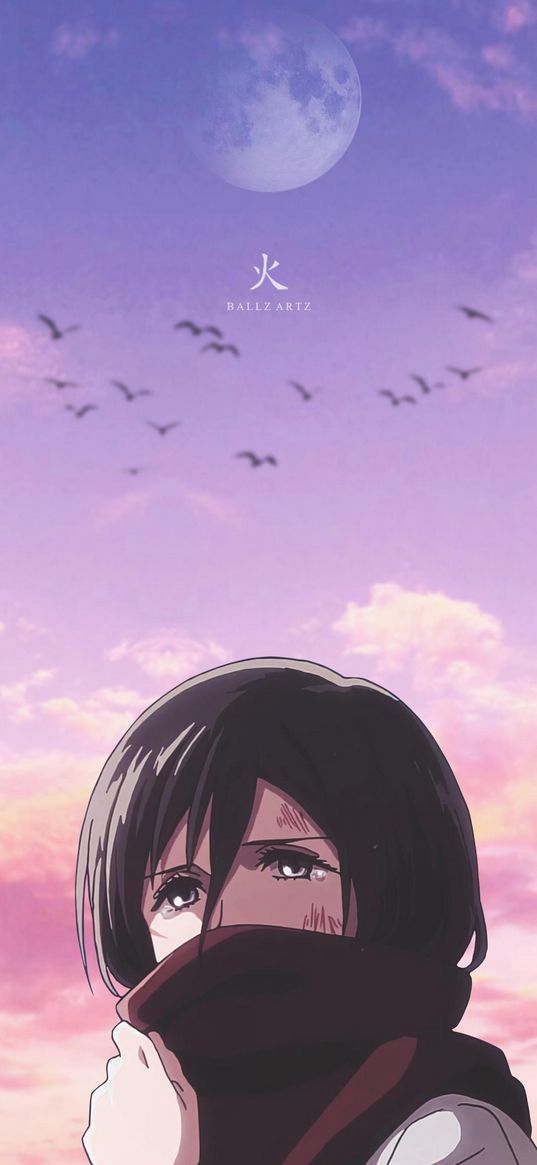 mikasa, attack on titan, anime, girl, sad, scarf, tears, birds, flock, moon, sunset, art