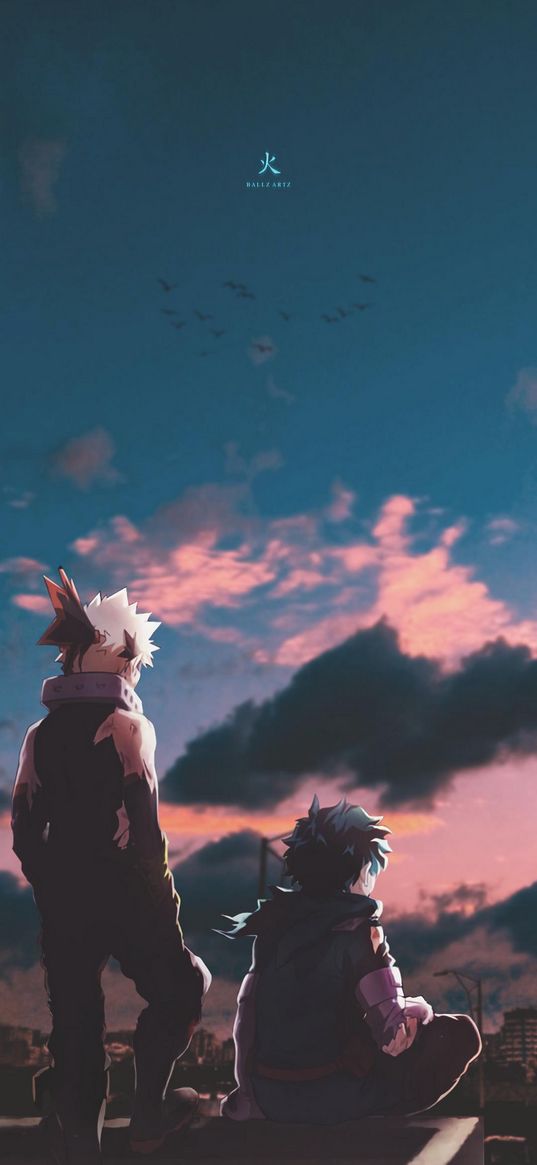 bakugou, deku, my hero academia, anime, guys, roof, clouds, sunset, art