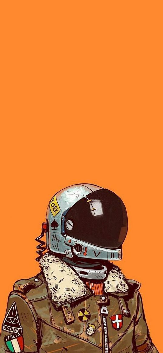 cosmonaut, helmet, jacket, badges, orange background, art