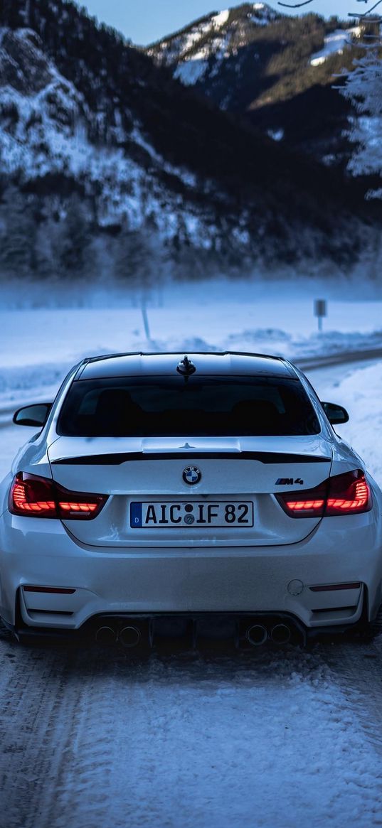 bmw m4, bmw, car, road, mountains, forest, snow, winter, white