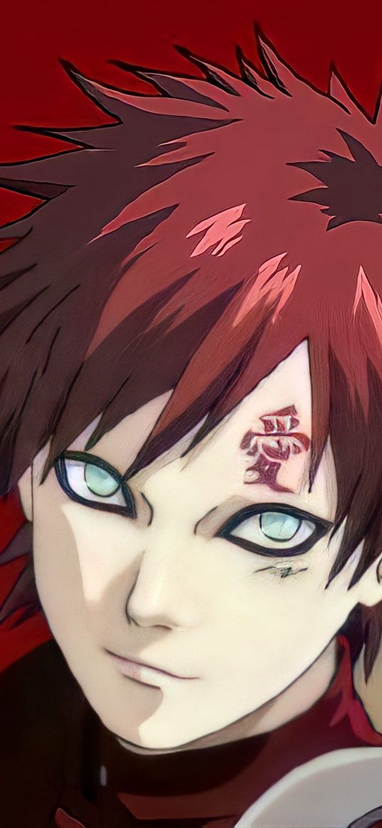 gaara, naruto, anime, guy, red hair, tattoo, hieroglyph, art