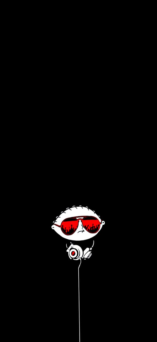 stewie, family guy, cartoon, boy, glasses, headphones, black background, minimalism, art