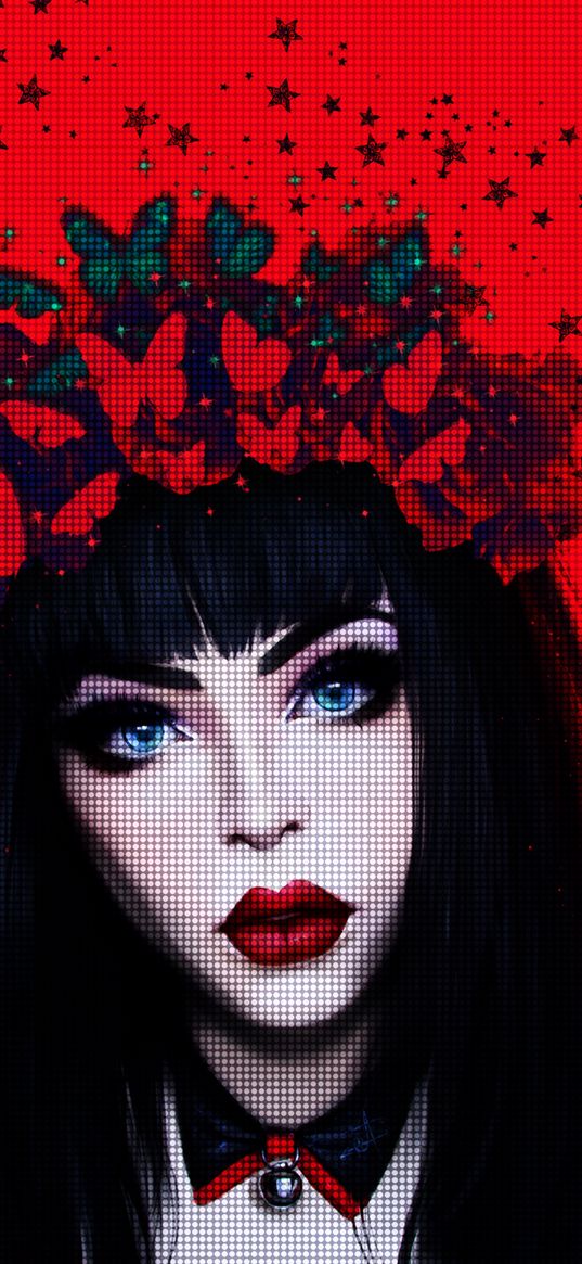 wylona hayashi, girl, brunette, blue eyes, butterflies, wreath, red background, dots, digital art