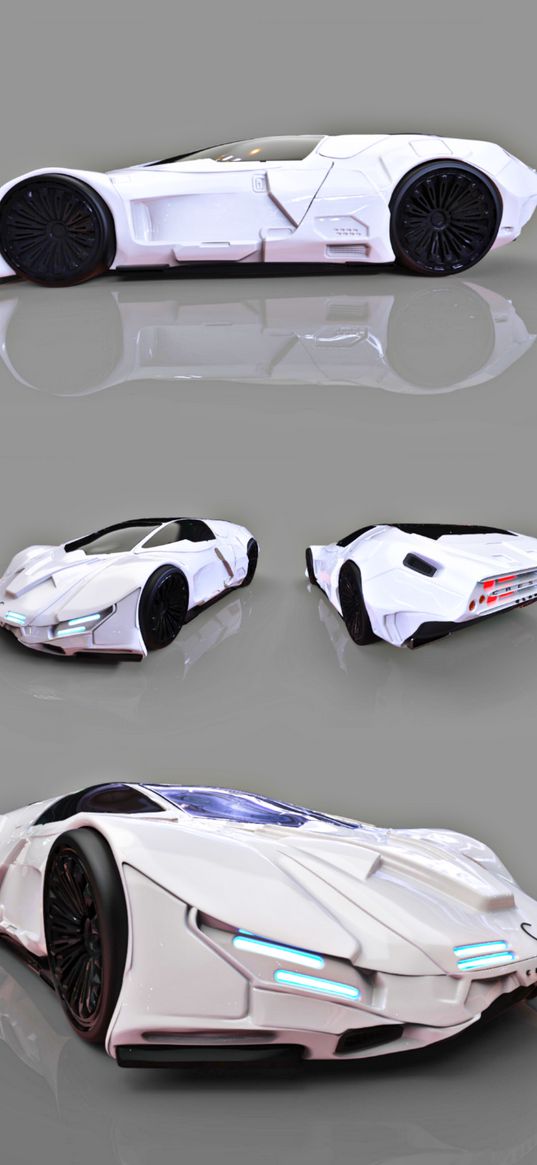 concept car, sports car, car, cyberpunk, white, gray background