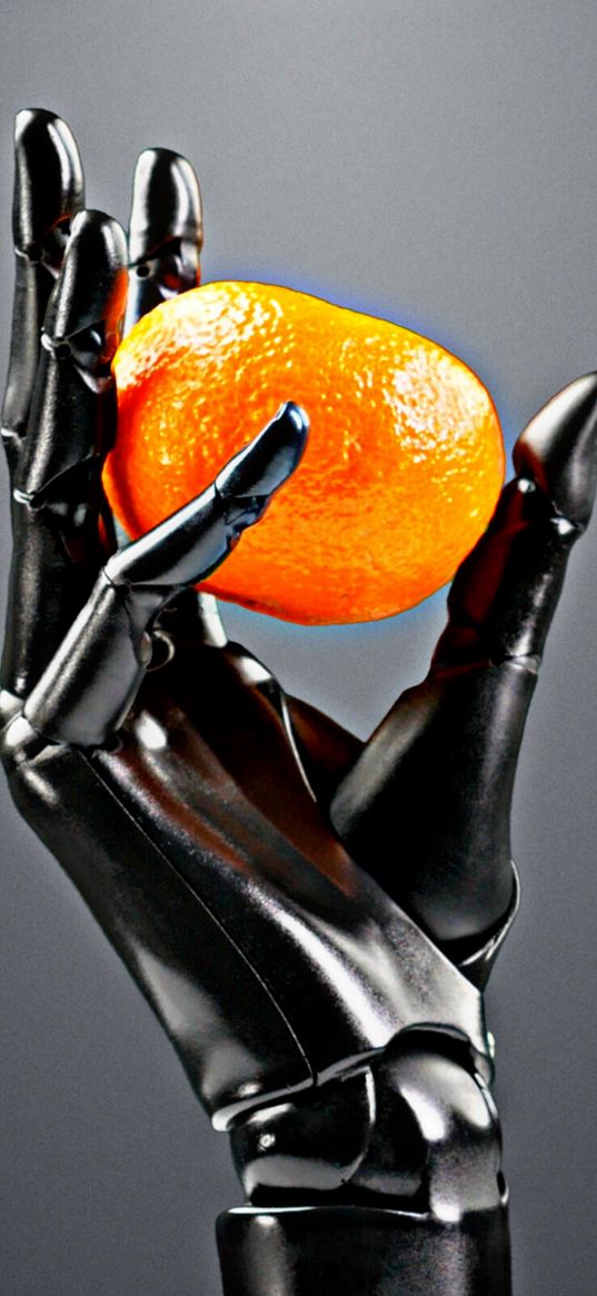 hand, robot, black, tangerine, orange, gray background