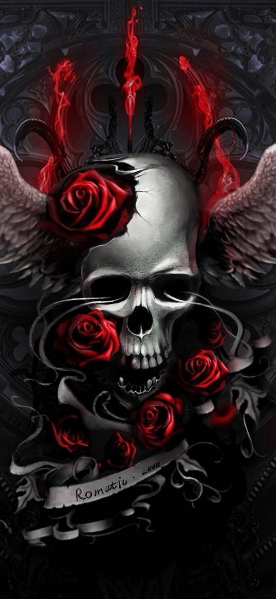 skull, roses, wings, art