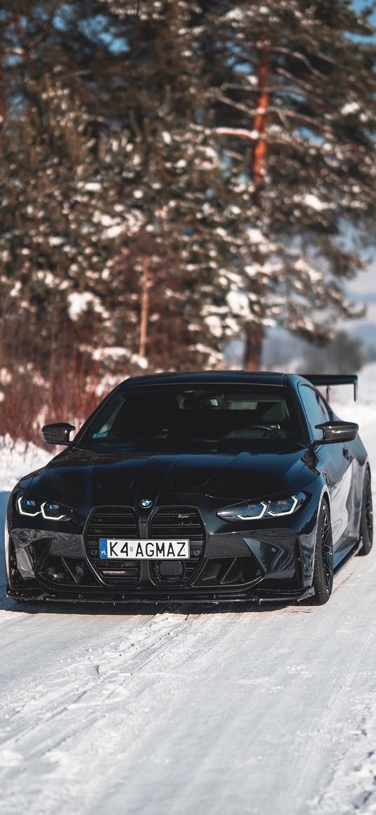 bmw m4, bmw, car, black, forest, snow, winter