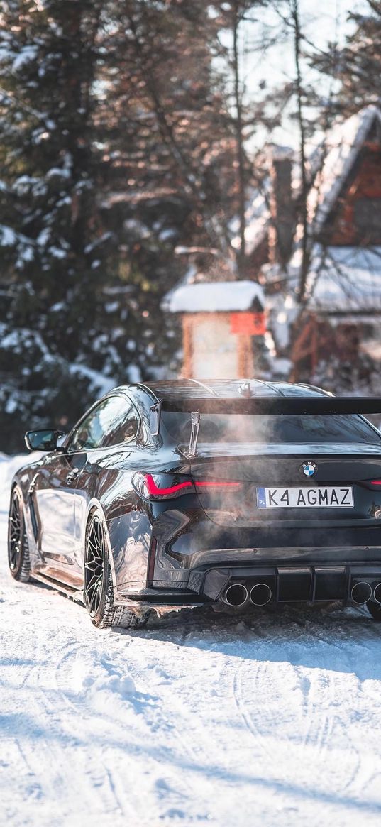 bmw m4, bmw, car, black, snow, winter, house, rear view