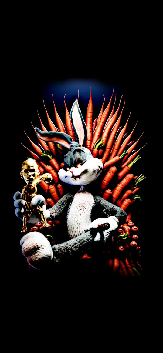 bugs bunny, rabbit, looney tunes, throne, carrot, black background, digital art