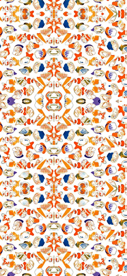 seashells, marine, blue, orange, white background, texture