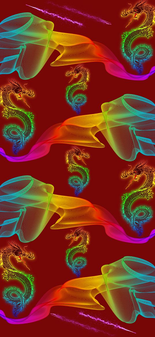 dragon, neon, waves, rainbow, red background