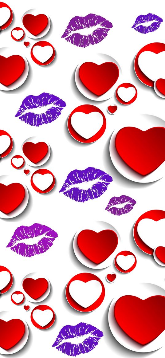 hearts, lips, kiss, red, purple, white background, abstraction