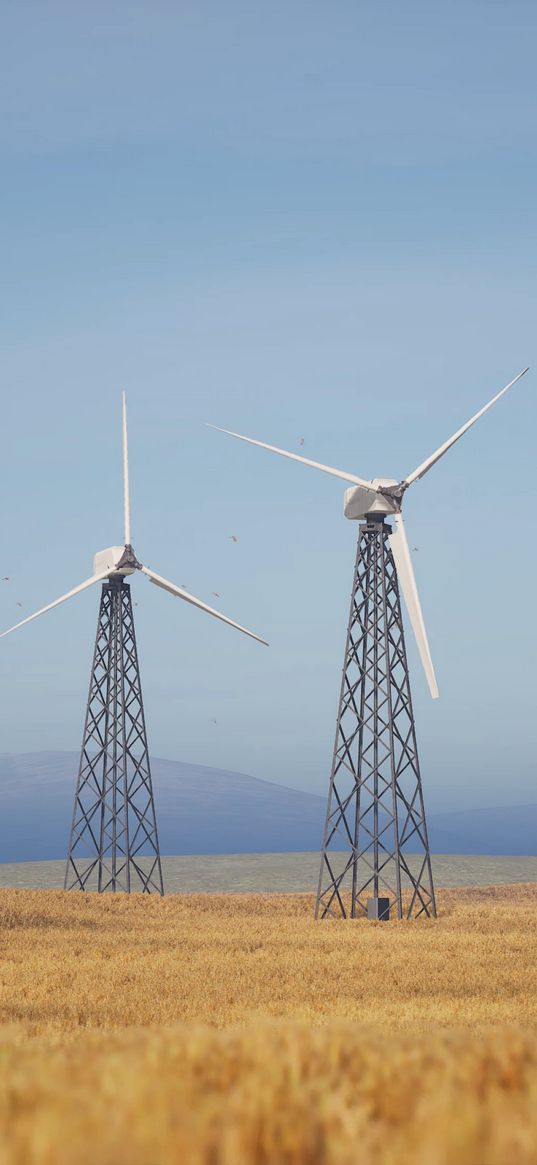 field, windmills, wind, propeller, sky