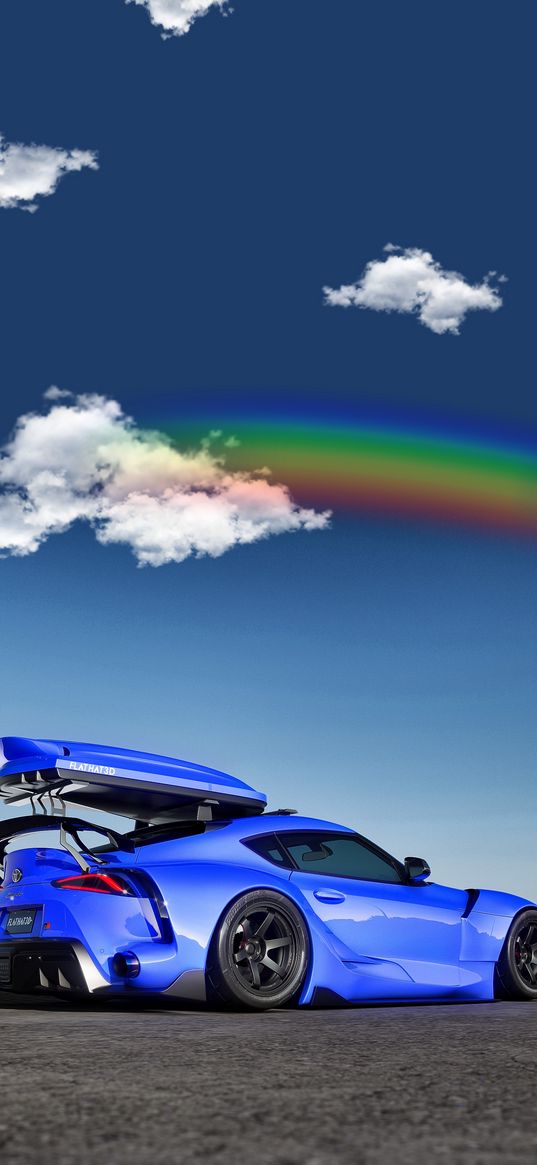 toyota, blue, auto, blue auto, sports car, sky, rainbow, clouds, art