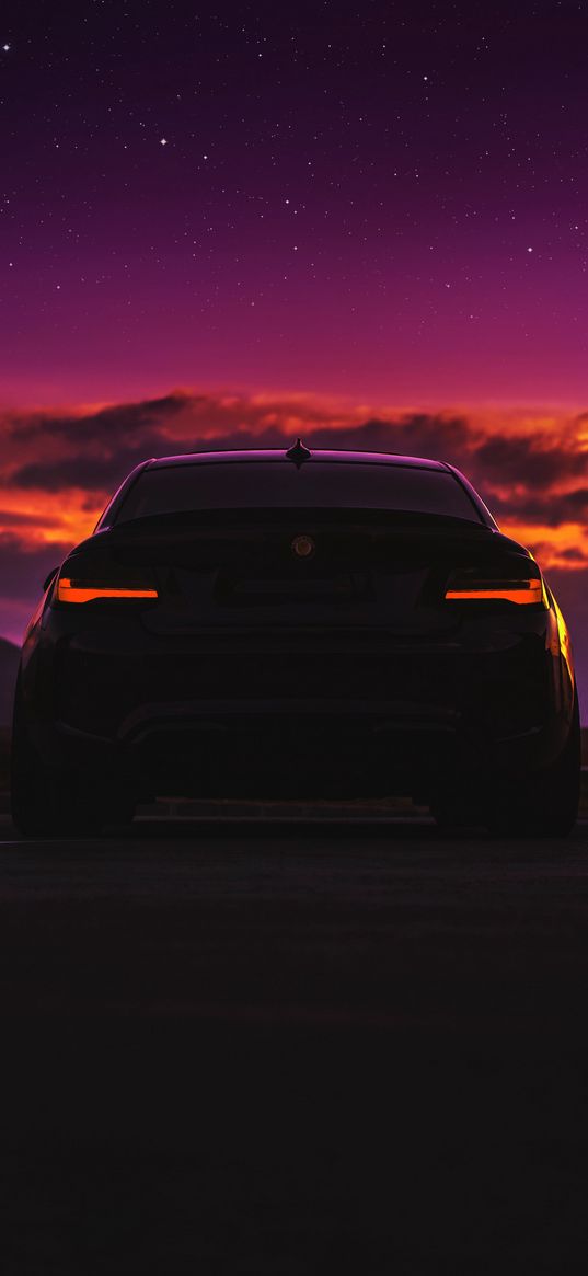 car, rear view, sunset, purple