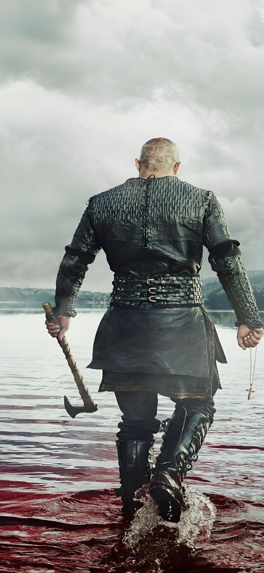 ragnar lodbrok, vikings, war, rear view, lake, blood