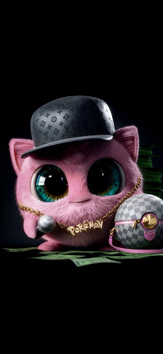 pokemon, jigglypoof, pink, bag, louis viton, cap, black background, digital art